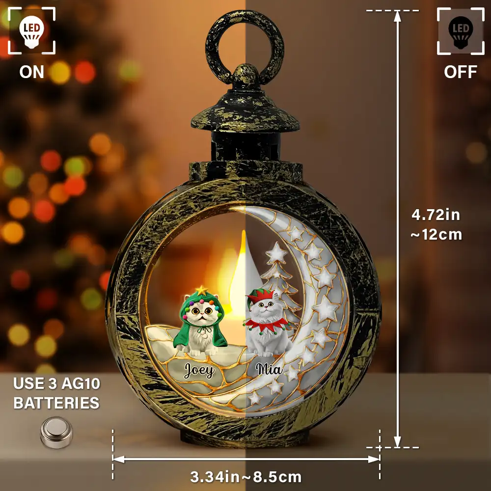 Dog Cat Sitting With Stars 3D Effect - Personalized Candlelight Lantern Ornament - Image 5