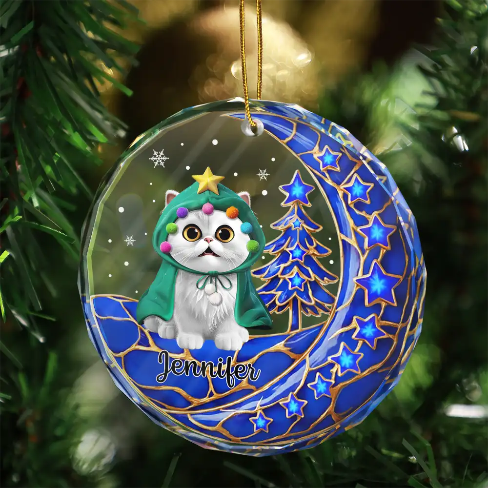 Dog Cat Sitting With Stars 3D Effect - Personalized Circle Glass Ornament - Image 3