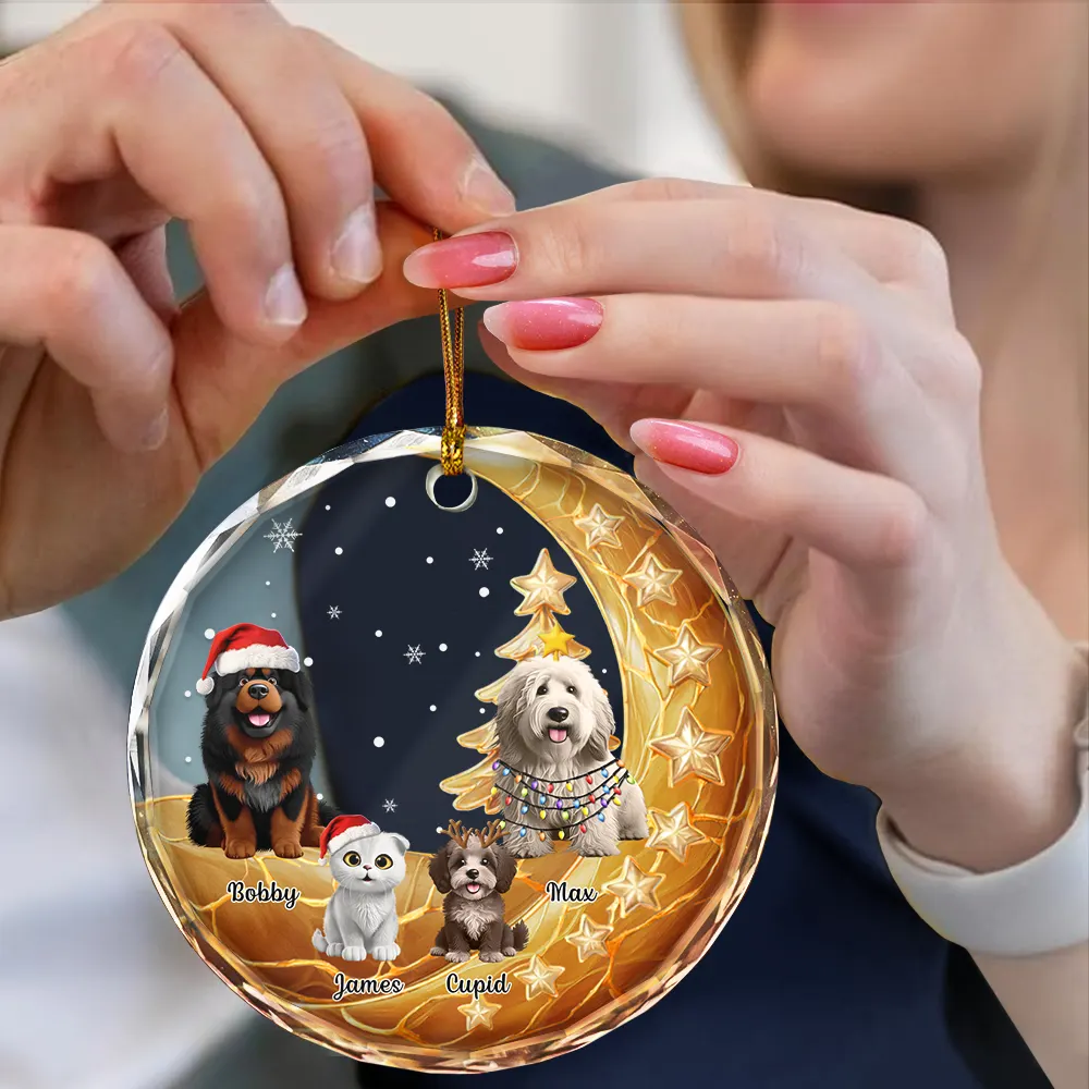 Dog Cat Sitting With Stars 3D Effect - Personalized Circle Glass Ornament - Image 4
