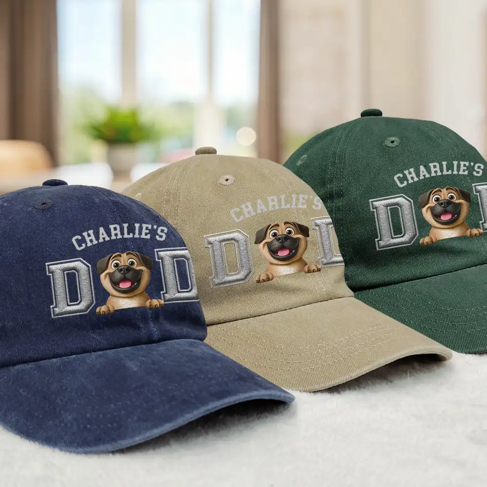 Dog Dad Dog Mom 3D Effect - Embroidery Text Effect Printed, Personalized Vintage Washed Denim Cap - Image 3