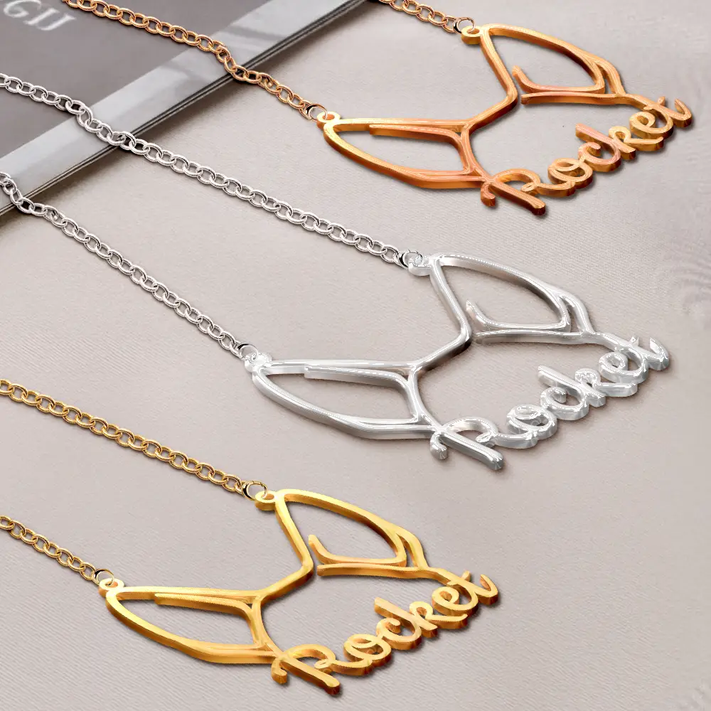 Dog Ears Line Art With Custom Name - Personalized Letter Necklace - Image 2