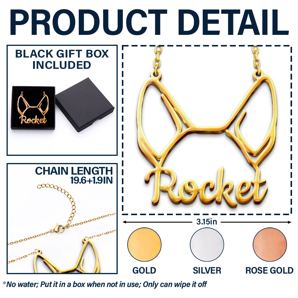 Dog Ears Line Art With Custom Name - Personalized Letter Necklace - Image 5