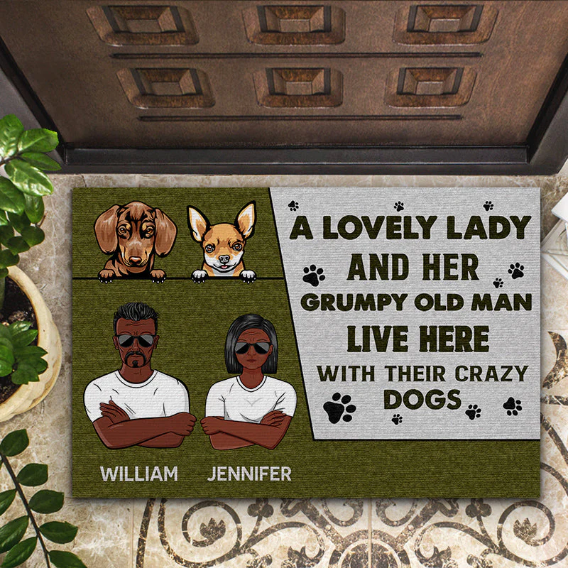 Dog Lovers Family Couple Lovely Lady Live Here And Her Grumpy Old Man - Personalized Custom Doormat - Image 2
