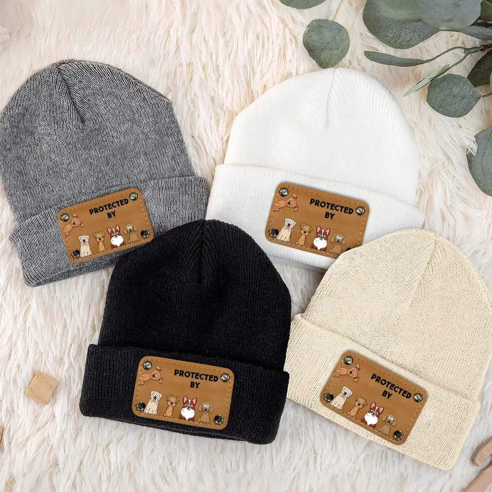 Dog Lovers Protected By - Gift For Baby - Personalized Beanie With Leather Patch - Image 3