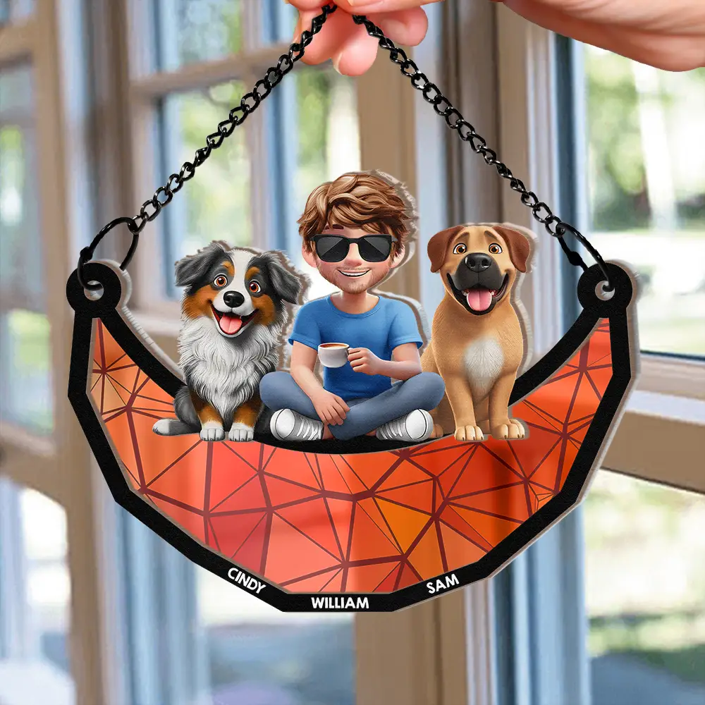 Dog Lovers Sitting On The Moon - Personalized Window Hanging Suncatcher Ornament - Image 3