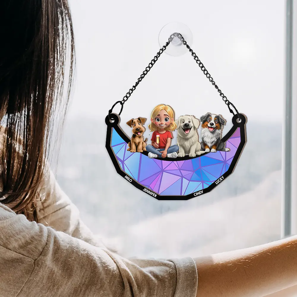 Dog Lovers Sitting On The Moon - Personalized Window Hanging Suncatcher Ornament - Image 5