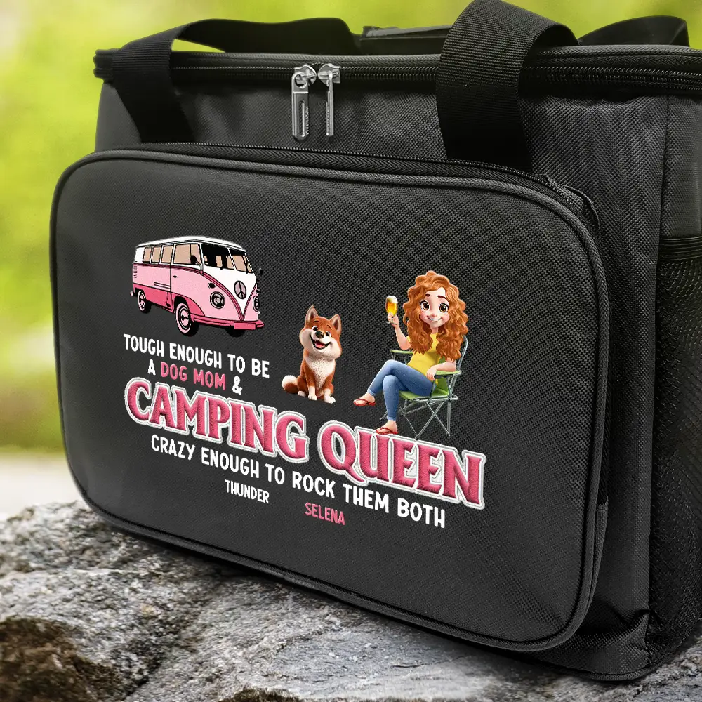 Dog Mom Camping Queen - Embroidery Text Effect Printed, Personalized Lunch Bag, Cooling Tote - Image 2