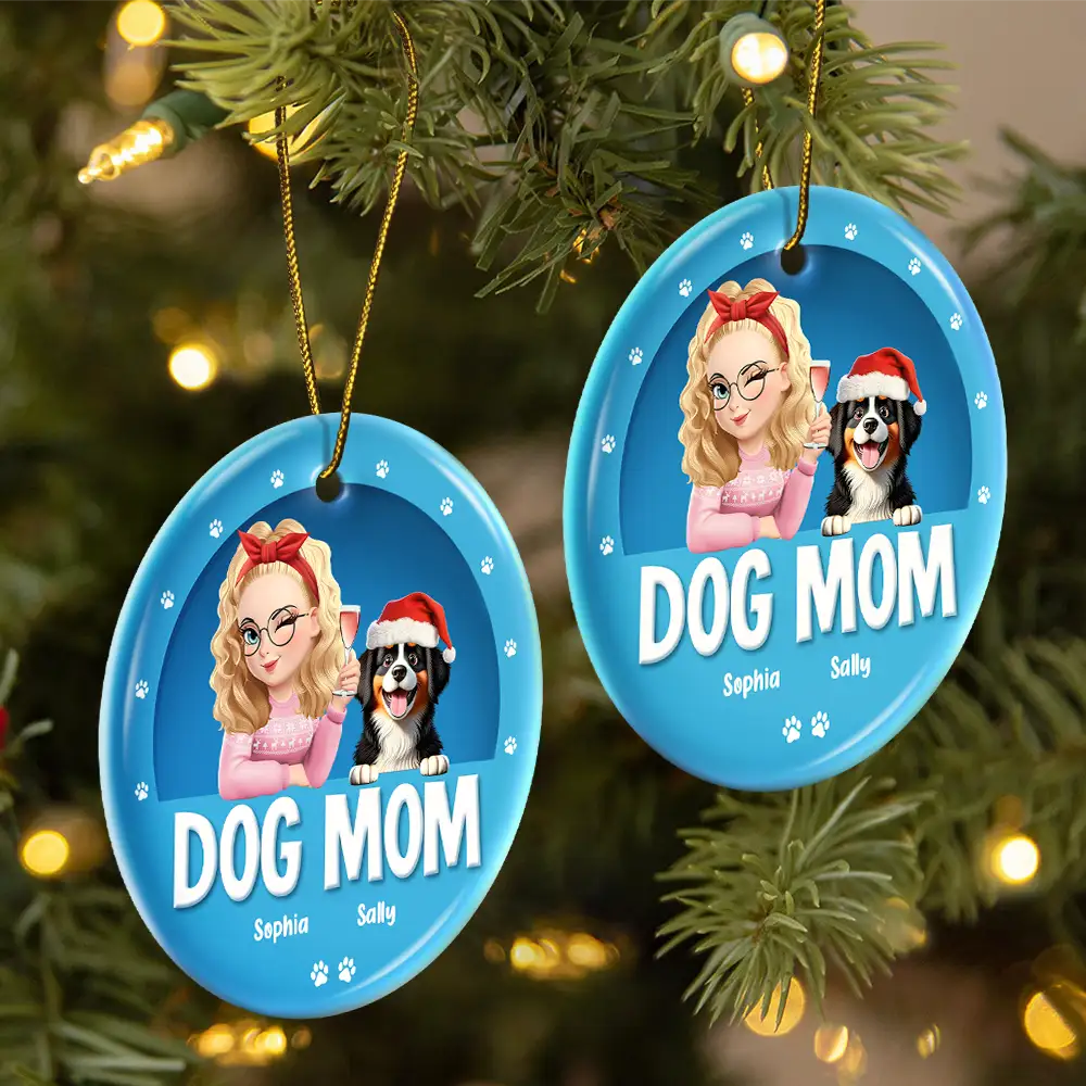 Dog Mom Christmas 3D Effect - Personalized Circle Ceramic Ornament - Image 2