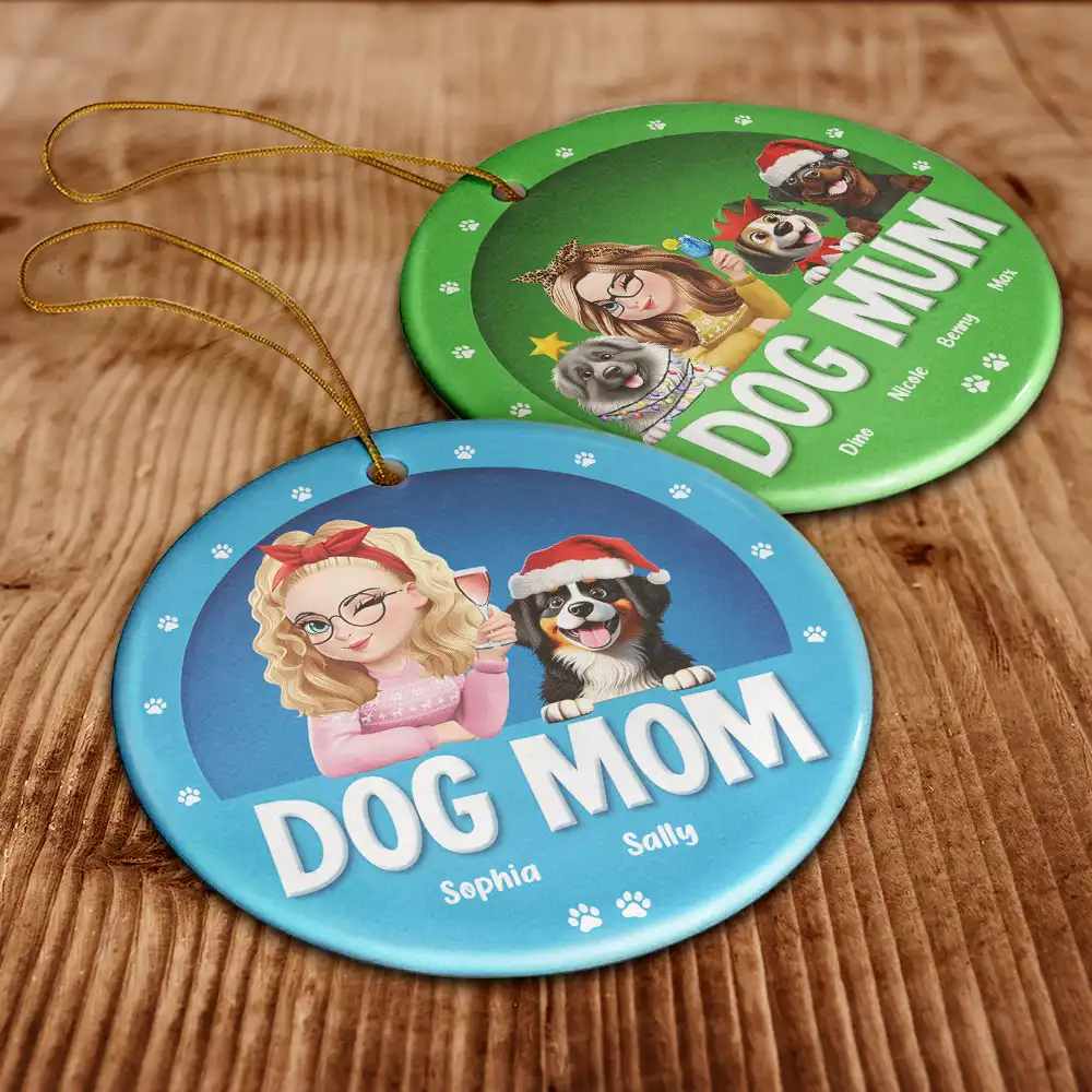 Dog Mom Christmas 3D Effect - Personalized Circle Ceramic Ornament - Image 6
