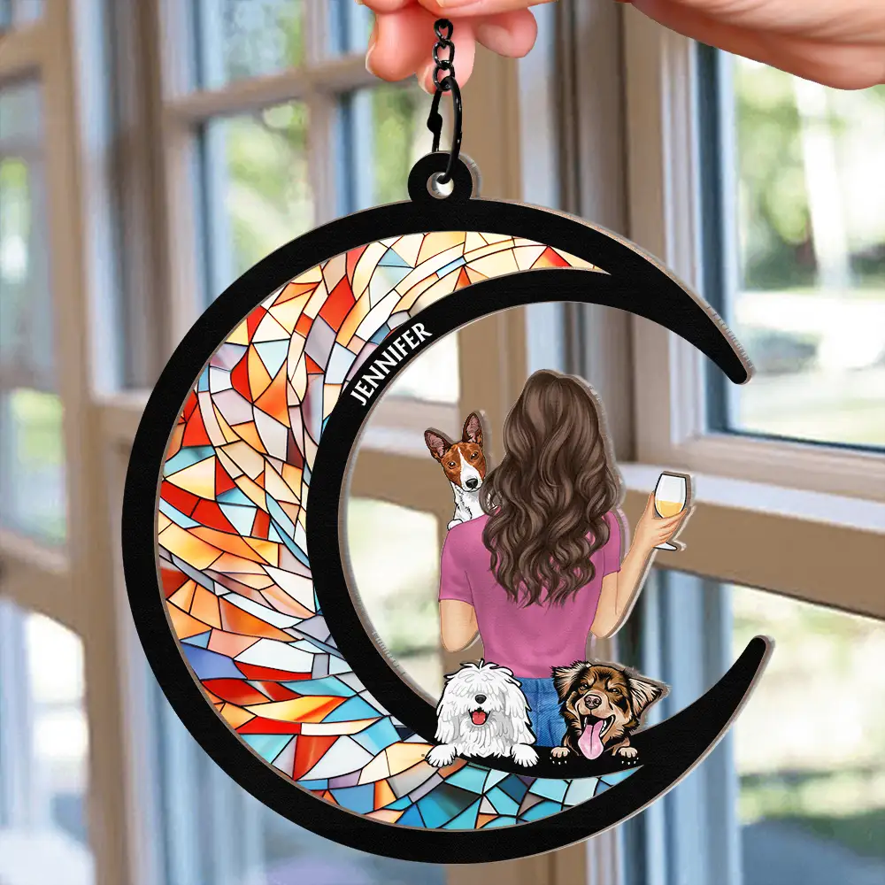 Dog Mom Dog Dad Moon - Personalized Window Hanging Suncatcher Ornament - Image 2
