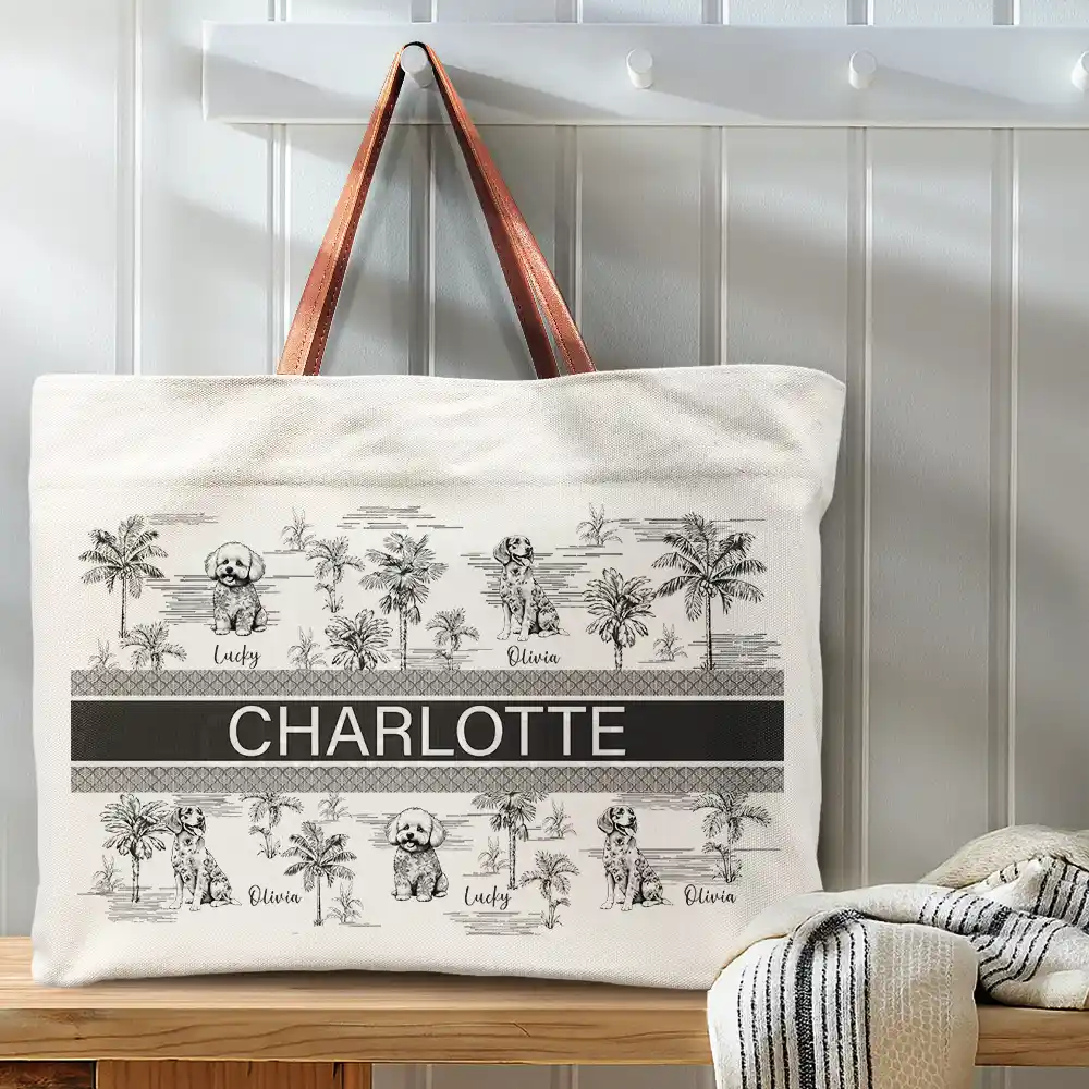 Dog Mom Dog Lovers Toile De Joey Pattern - Personalized Leather Handle Tote Bag - Image 3