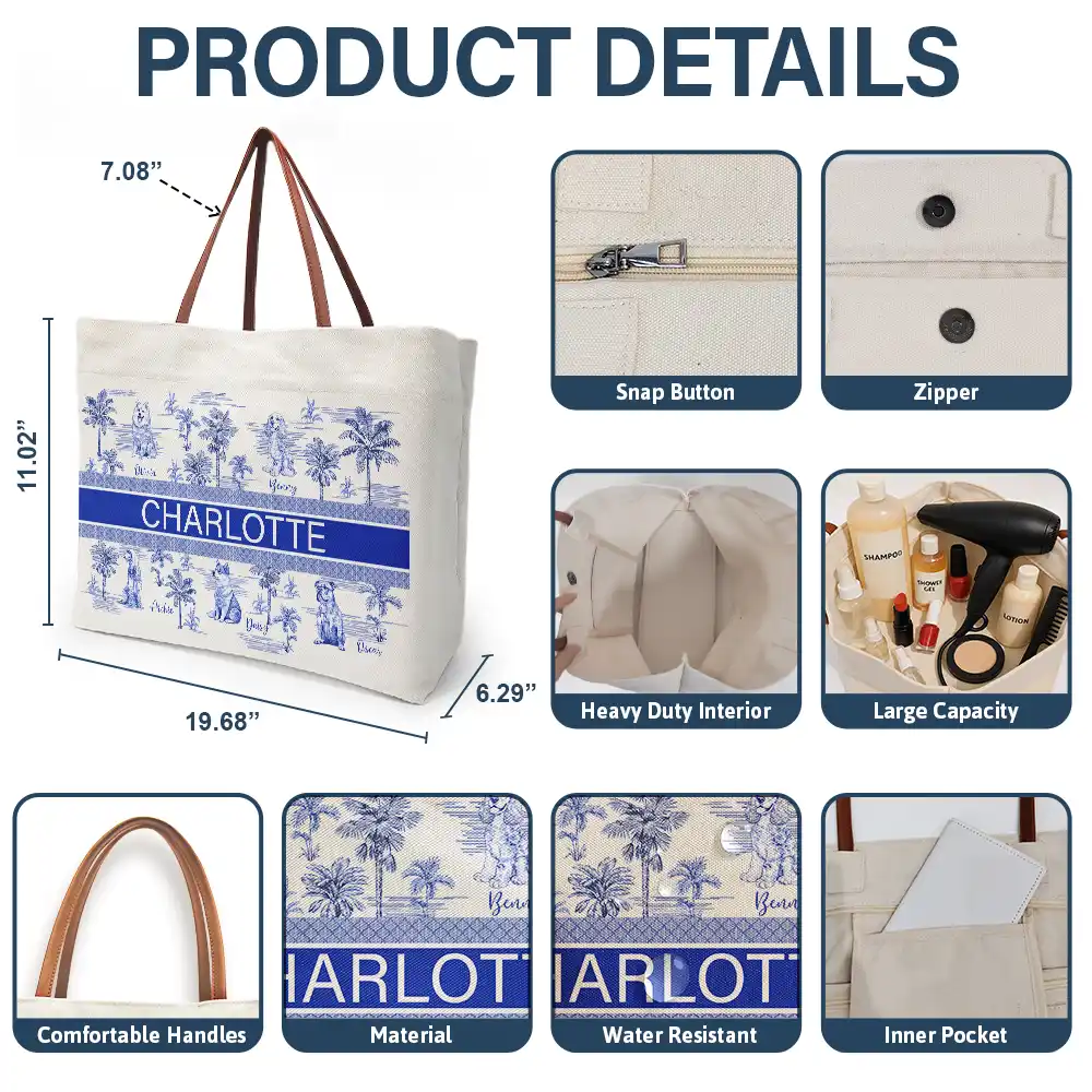 Dog Mom Dog Lovers Toile De Joey Pattern - Personalized Leather Handle Tote Bag - Image 4