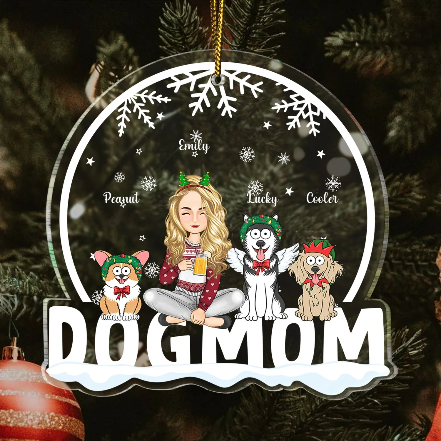 Dog Mom Funny Cartoon Dogs Snowdome - Christmas Gift For Dog Lovers - Personalized Custom Shaped Acrylic Ornament - Image 3
