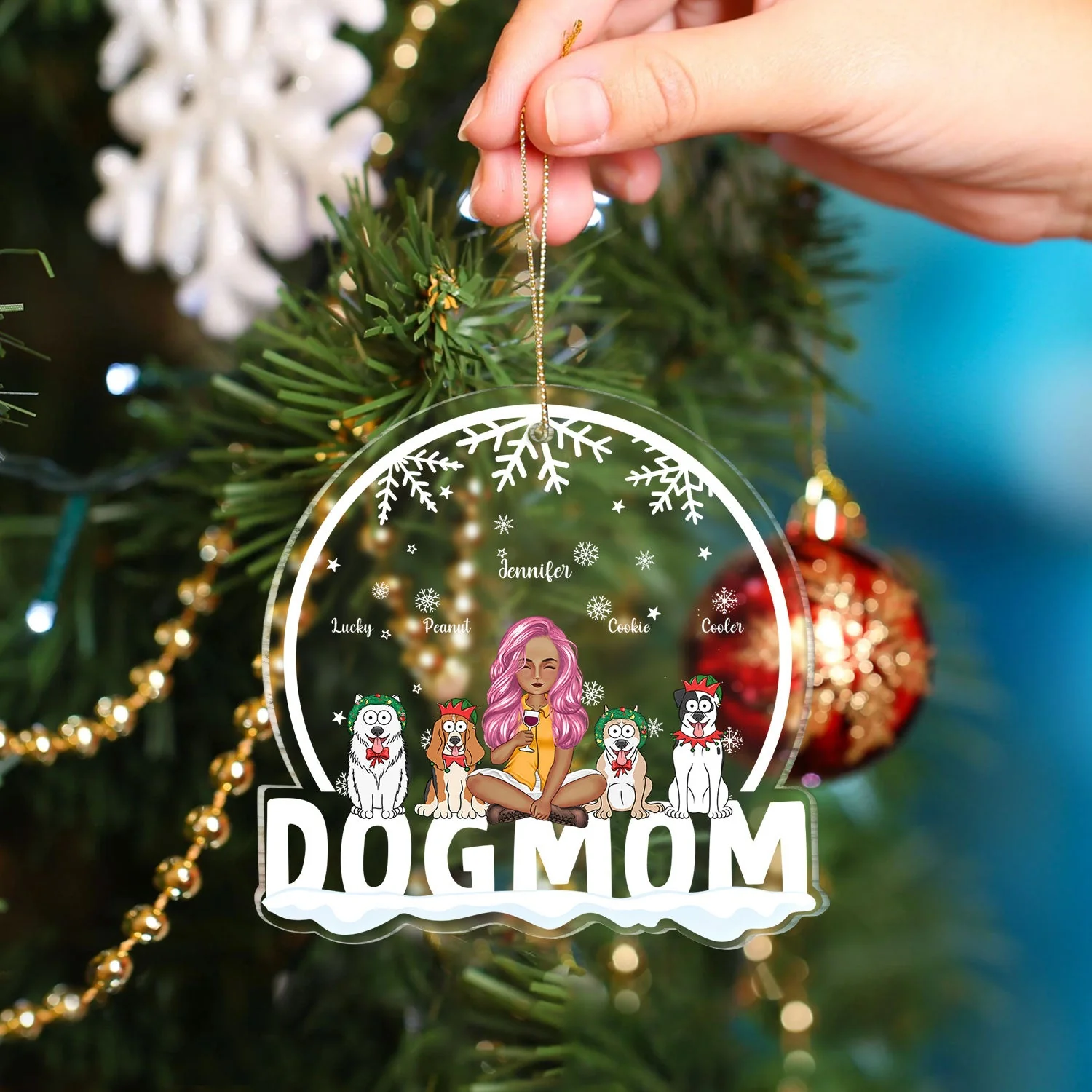 Dog Mom Funny Cartoon Dogs Snowdome - Christmas Gift For Dog Lovers - Personalized Custom Shaped Acrylic Ornament - Image 4