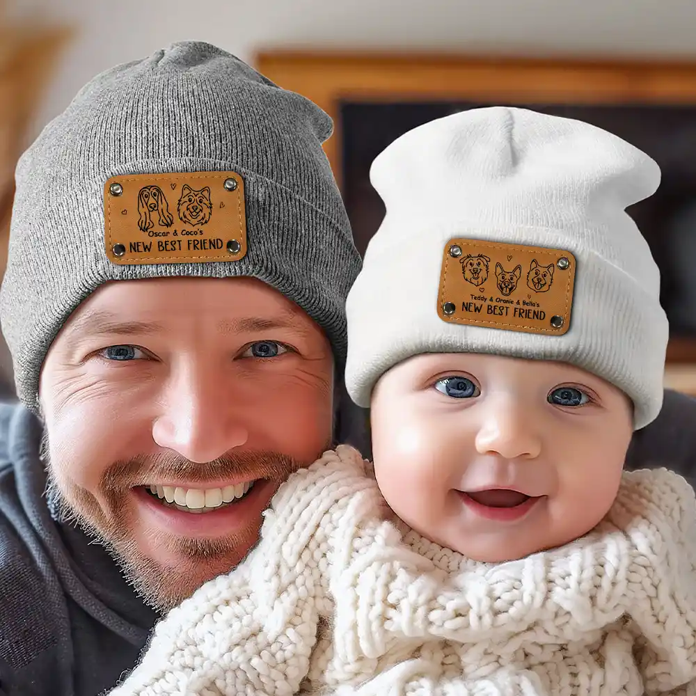 Dog New Best Friend New Baby - Personalized Beanie With Leather Patch - Image 6