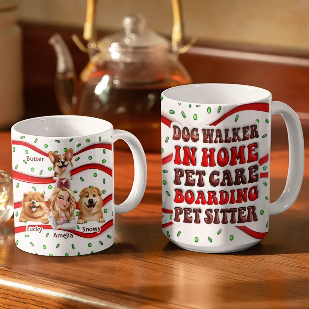 Dog Walker In Home Pet Care Funny - 3D Inflated Effect Printed Mug, Personalized White Edge-to-Edge Mug - Image 3
