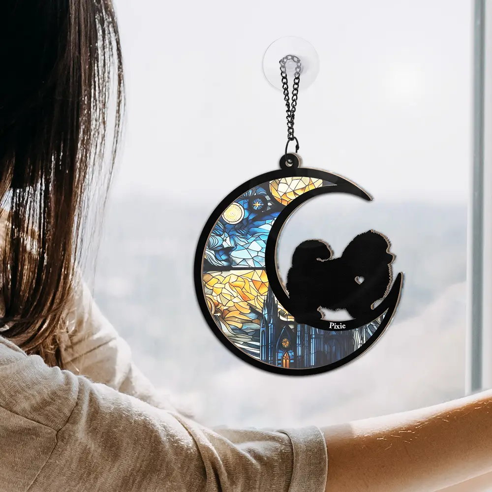 Dog With Stained Glass Moon - Personalized Window Hanging Suncatcher Ornament - Image 4