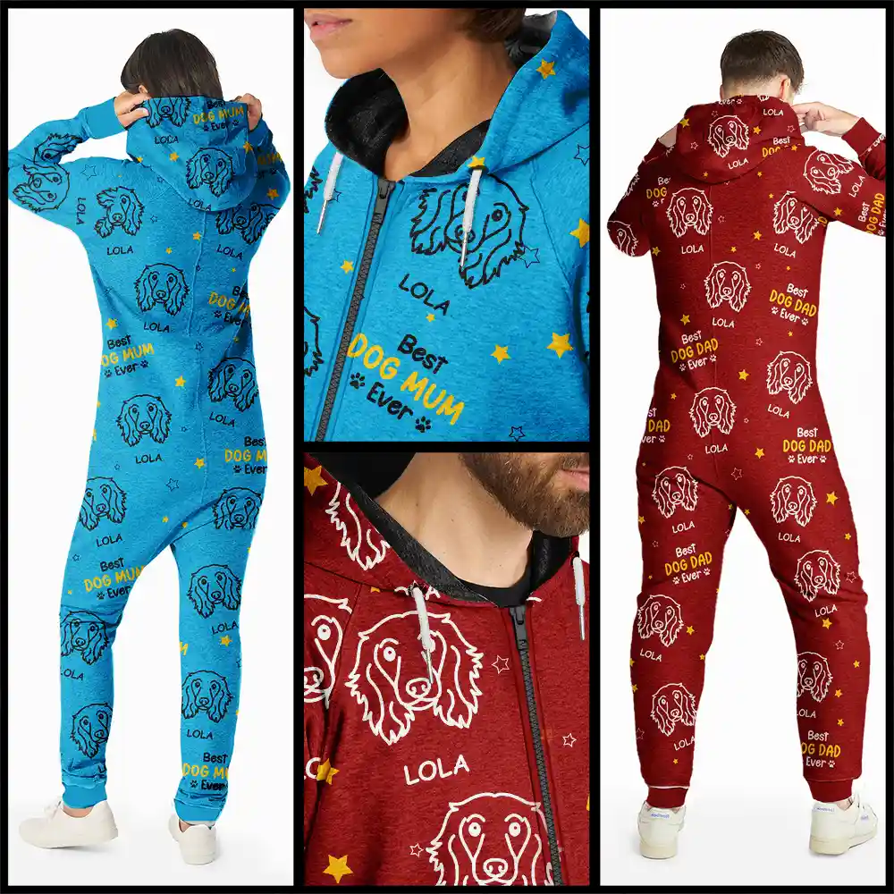 Dogs Face Line Sketch Best Dog Mum Ever - Personalized Overall Onesie Hooded Jumpsuit - Image 3