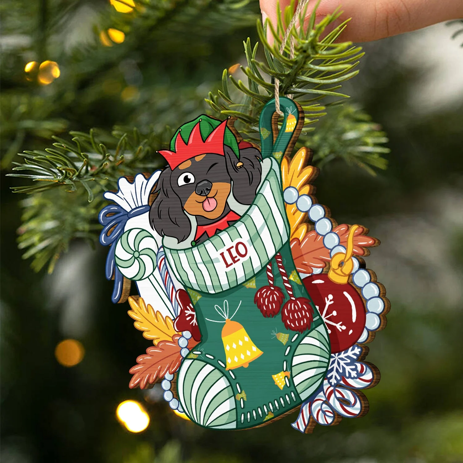 Dogs In Stocking Xmas Pattern - Christmas Gift For Dog Lovers - Personalized Wooden Cutout Ornament - Image 2