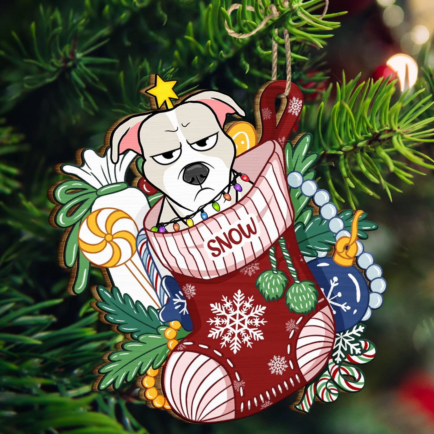 Dogs In Stocking Xmas Pattern - Christmas Gift For Dog Lovers - Personalized Wooden Cutout Ornament - Image 3