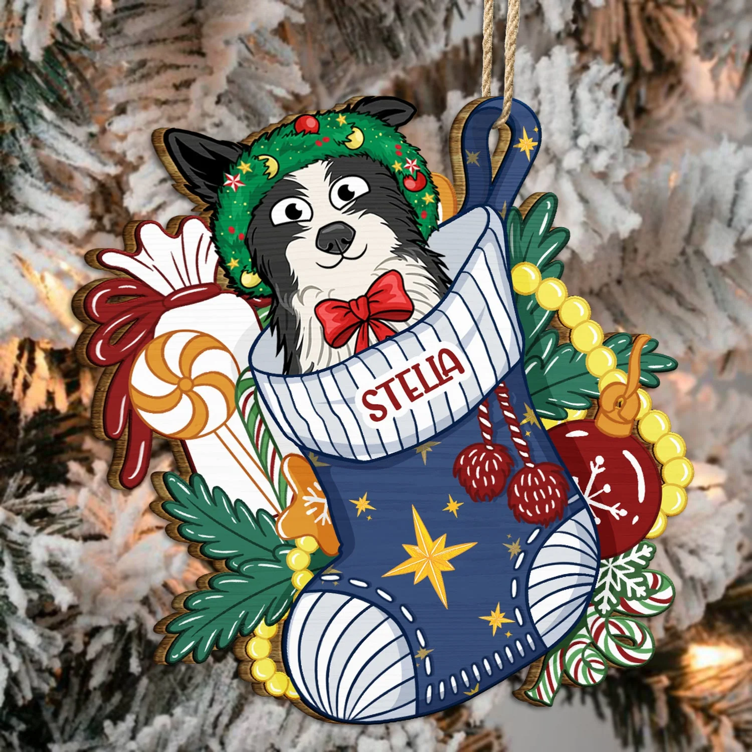 Dogs In Stocking Xmas Pattern - Christmas Gift For Dog Lovers - Personalized Wooden Cutout Ornament - Image 4