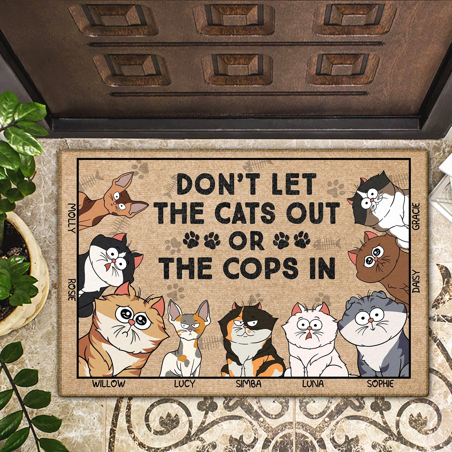 Don't Let The Cats Out Or The Cops In Funny Cartoon Cat - Gift For Cat Lovers - Personalized Doormat - Image 2
