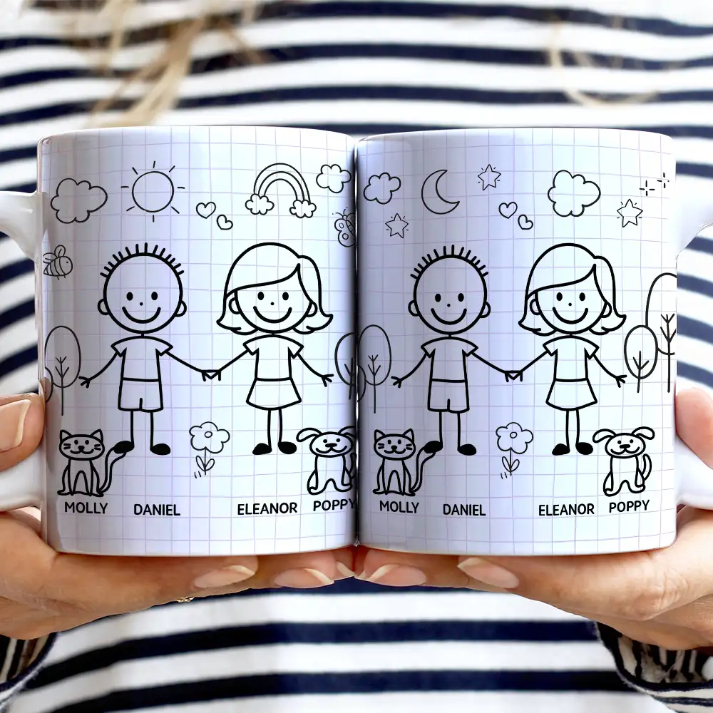 Doodle Stick Figure Couple With Dog Cat - Personalized White Edge-to-Edge Mug - Image 2