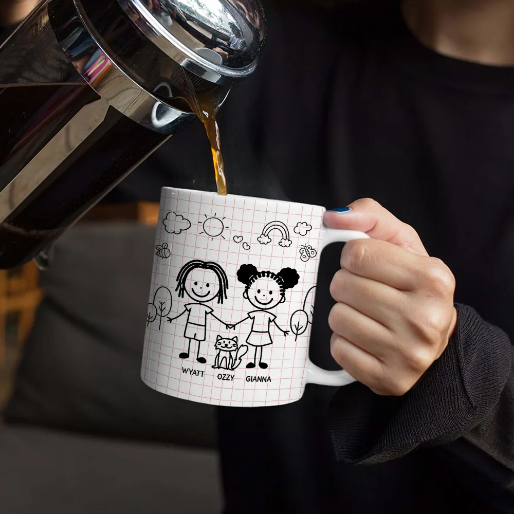Doodle Stick Figure Couple With Dog Cat - Personalized White Edge-to-Edge Mug - Image 4