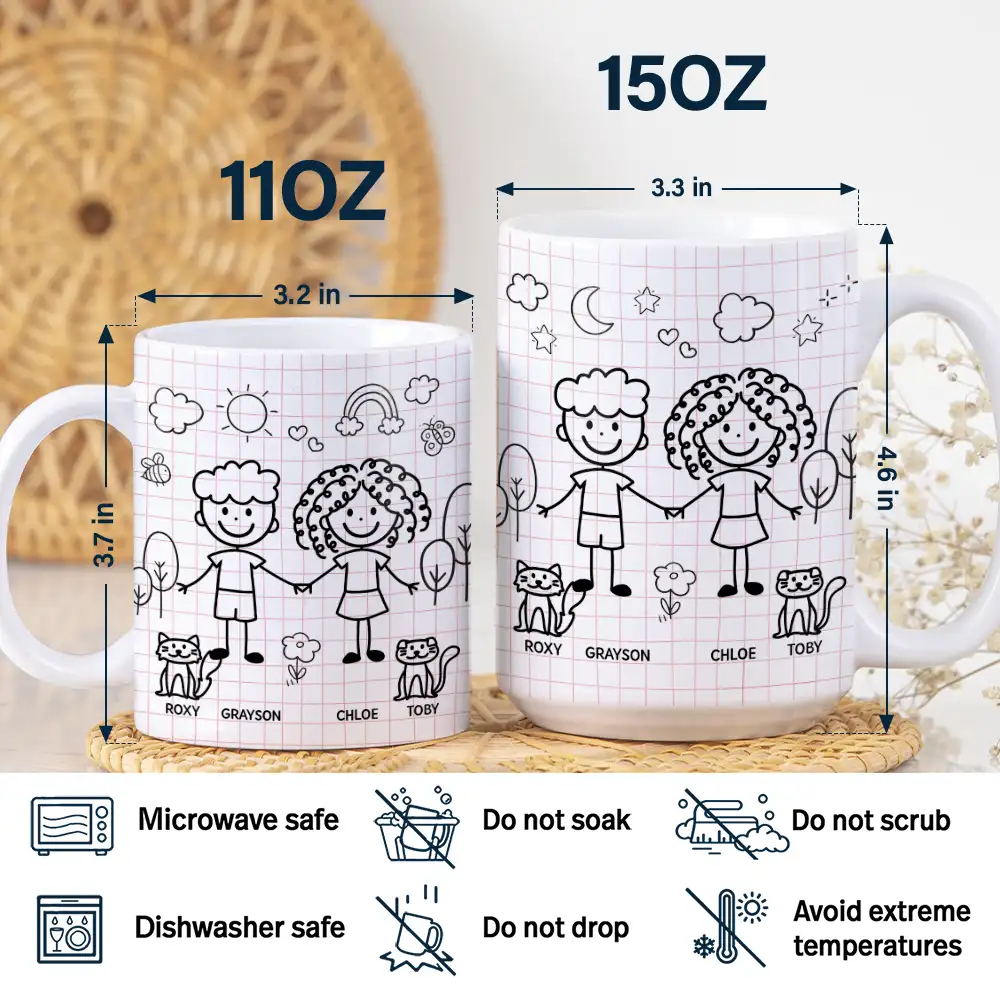 Doodle Stick Figure Couple With Dog Cat - Personalized White Edge-to-Edge Mug - Image 5