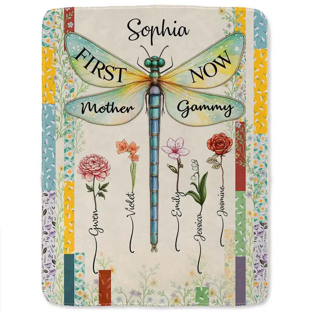 Dragonfly Birth Month Flower First Mom Now Grandma - Personalized Fleece Blanket, Sherpa Blanket - Image 2