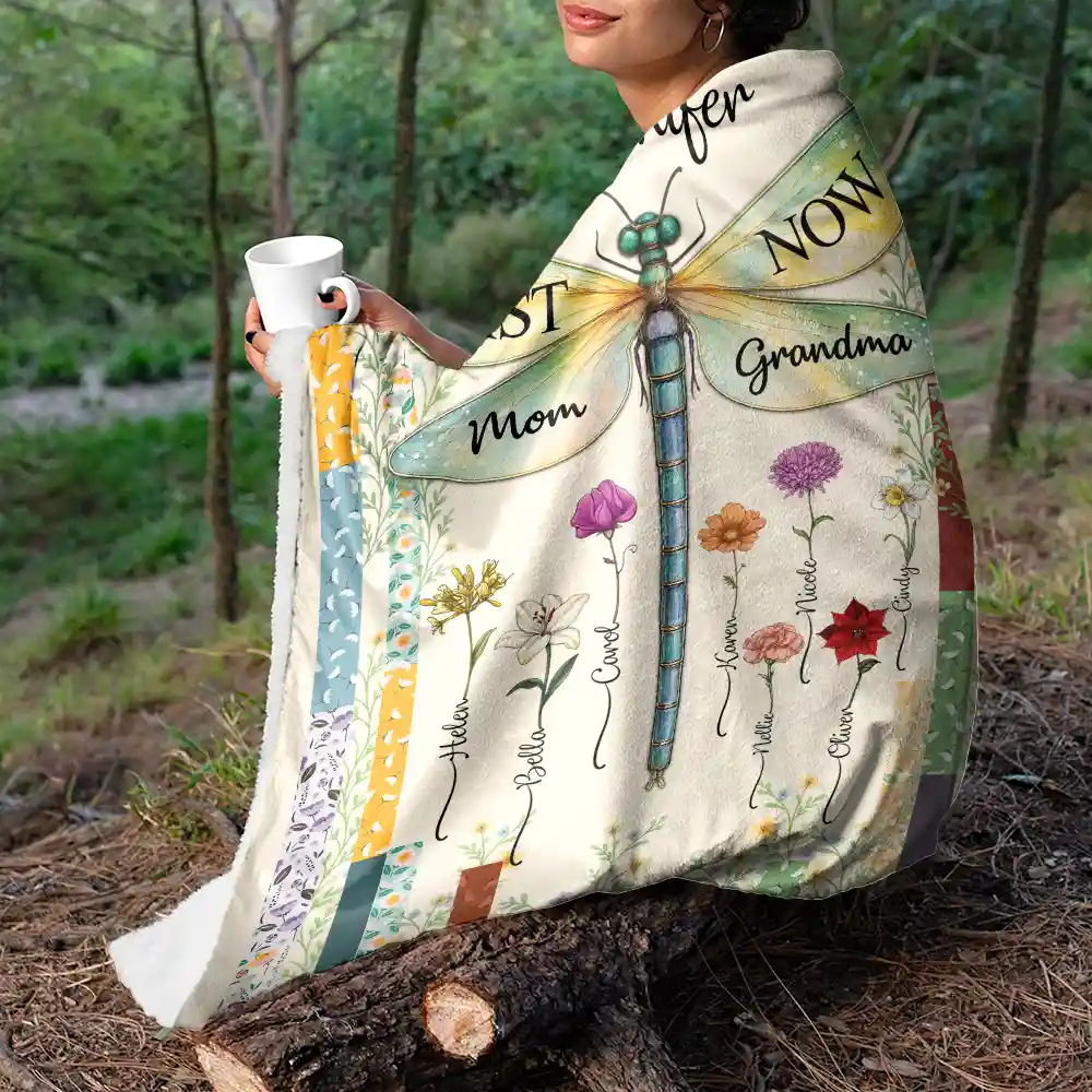 Dragonfly Birth Month Flower First Mom Now Grandma - Personalized Fleece Blanket, Sherpa Blanket - Image 5
