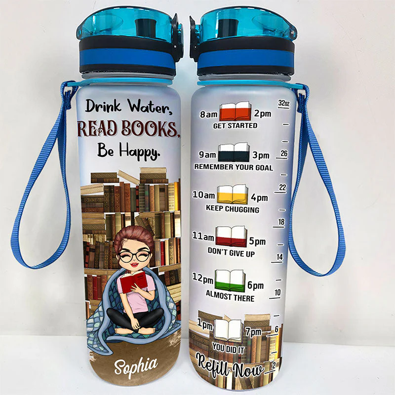 Drink Water Read Book Be Happy - Gift For Book Lovers - Personalized Custom Water Tracker Bottle - Image 2