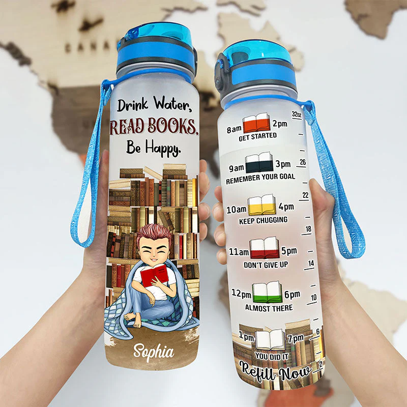Drink Water Read Book Be Happy - Gift For Book Lovers - Personalized Custom Water Tracker Bottle - Image 3