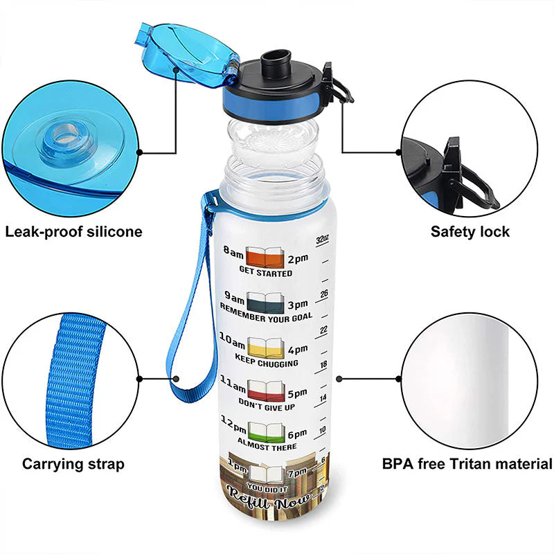 Drink Water Read Book Be Happy - Gift For Book Lovers - Personalized Custom Water Tracker Bottle - Image 4