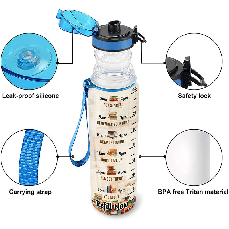 Drink Water Read Books Be Happy - Gift For Reading Lovers - Personalized Custom Water Tracker Bottle - Image 4