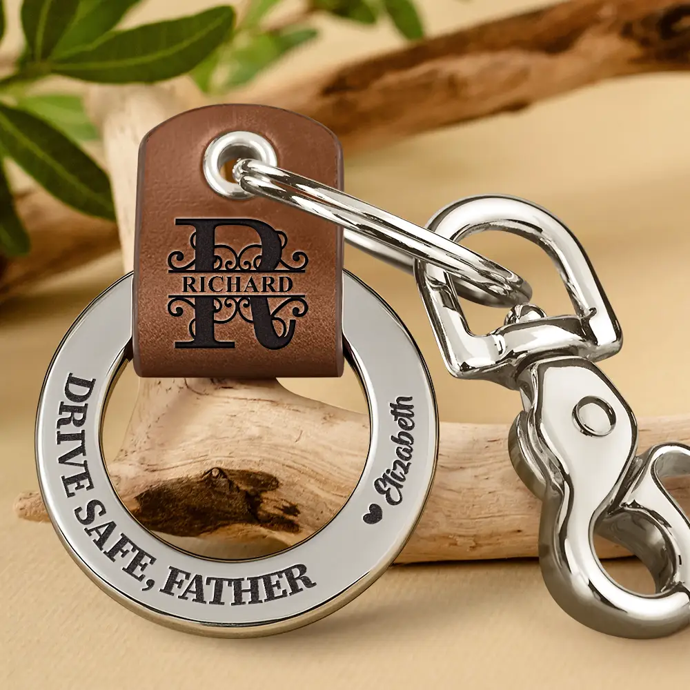 Drive Safe Daddy Monogram Initial - Personalized Leather Coordinates Keychain - Image 2