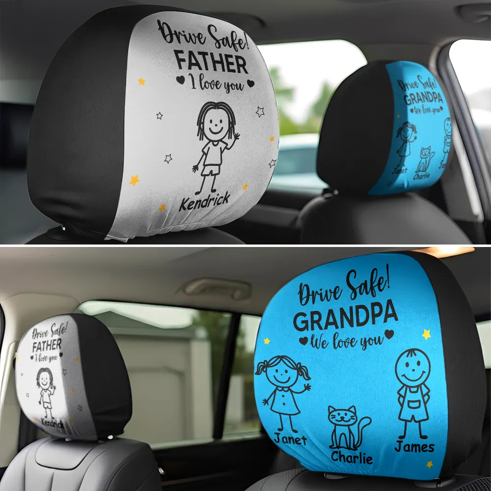 Drive Safe Grandpa Daddy Kid Stick Figures - Personalized Car Headrest Covers - Image 3