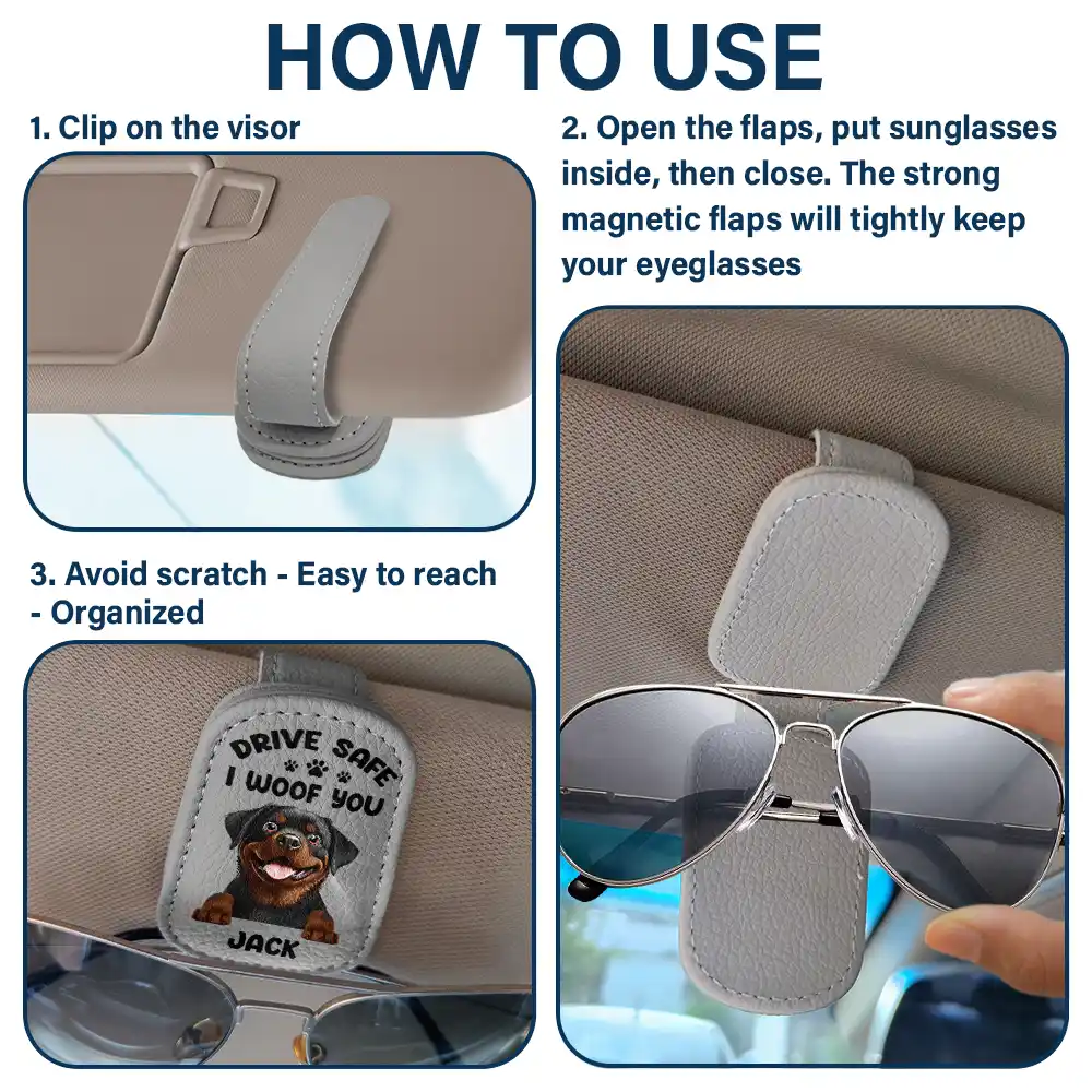 Drive Safe I Woof You Dog Dad 3D Effect Cartoon Pet - Personalized Sunglasses Holder For Car Visor - Image 4