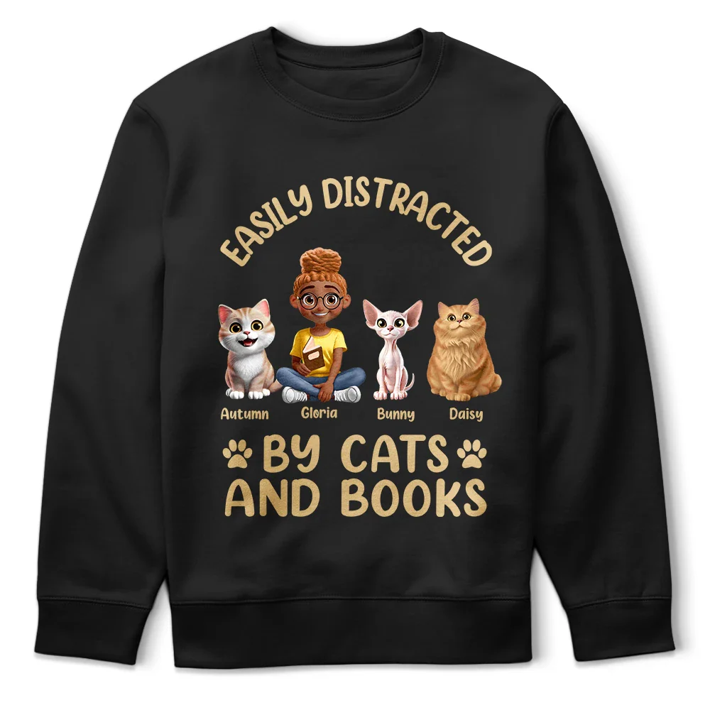 Easily Distracted By Cats & Books - Personalized T Shirt - Image 5