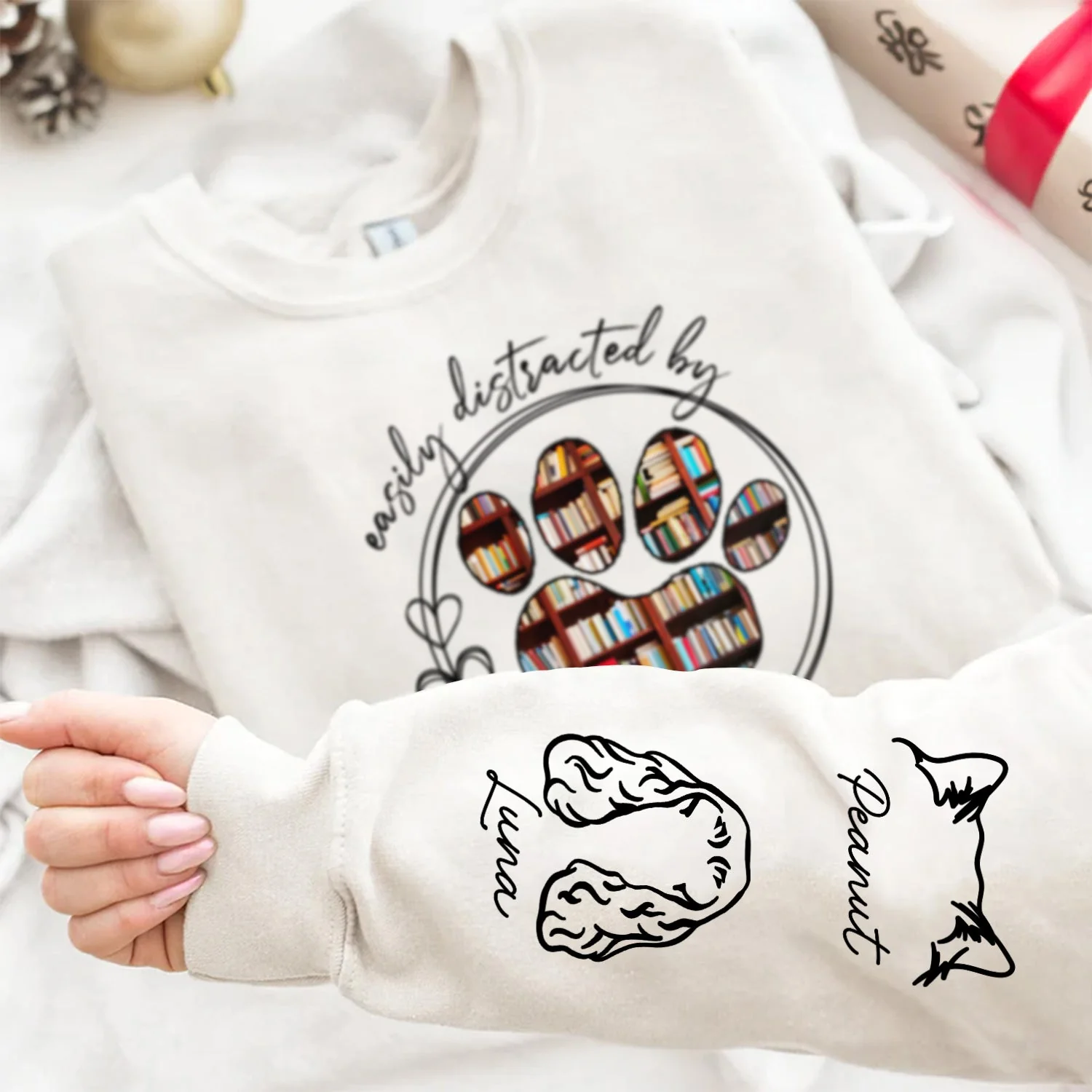 Easily Distracted By Dogs Cats And Books - Birthday, Loving Gift For Dog Lover, Cat Mom, Pet Mum - Personalized Unisex Sweatshirt With Design On Sleeve - Image 4