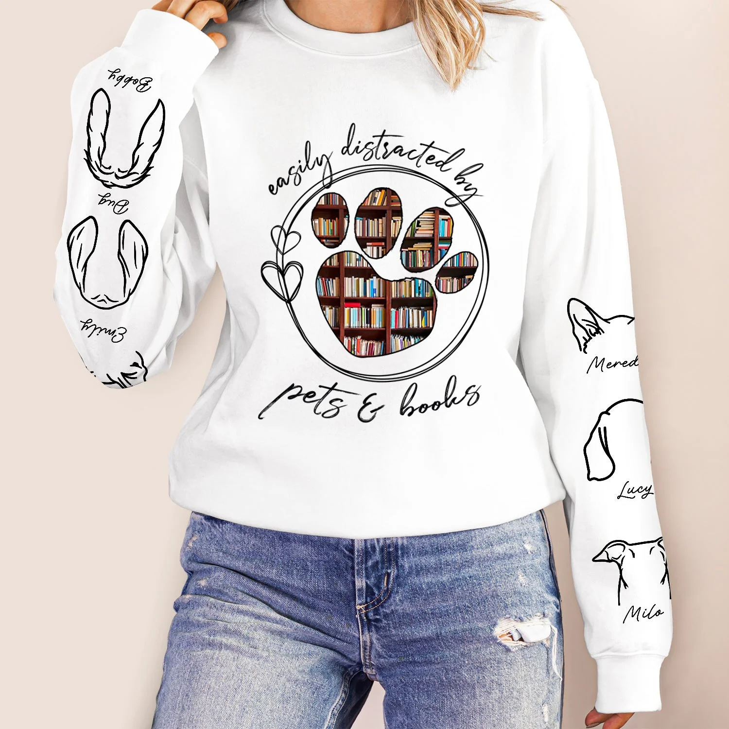 Easily Distracted By Dogs Cats And Books - Birthday, Loving Gift For Dog Lover, Cat Mom, Pet Mum - Personalized Unisex Sweatshirt With Design On Sleeve - Image 5