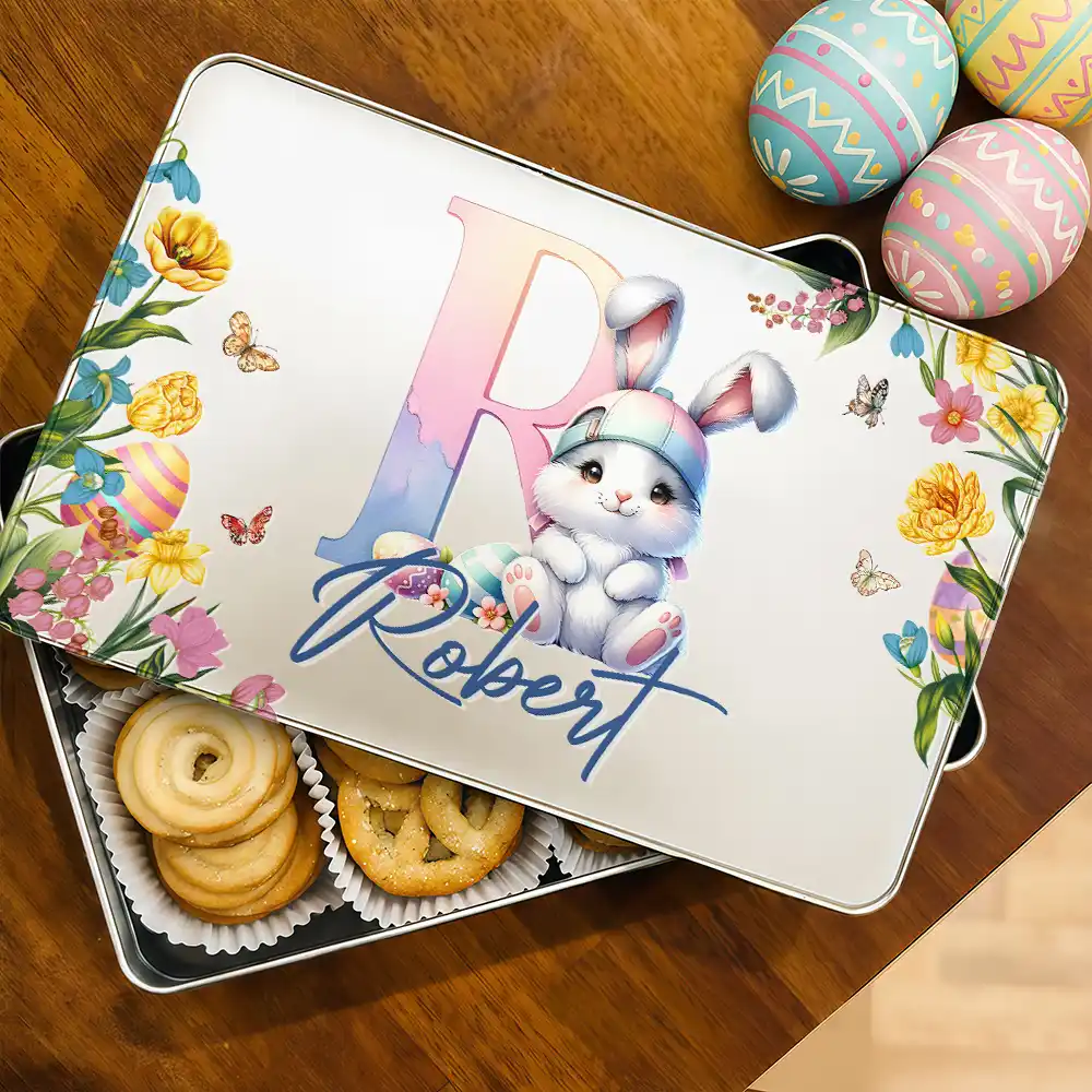 Easter Bunny Alphabet Letters - Personalized Metal Biscuit Tin - Image 2