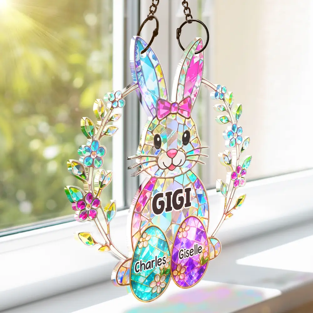Easter Bunny Egg Grandma Mom Glass Effect - Personalized Window Hanging Suncatcher Ornament - Image 3