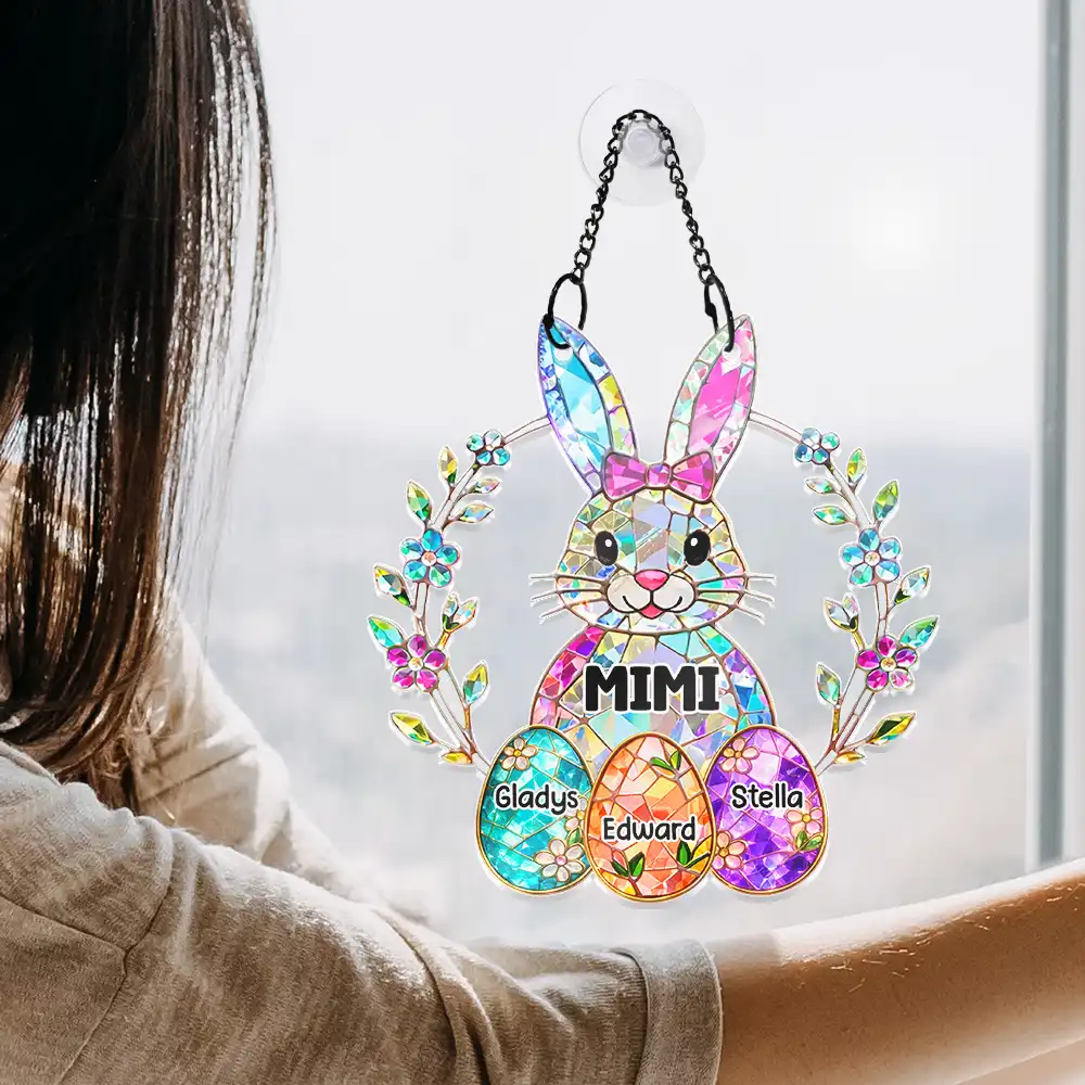 Easter Bunny Egg Grandma Mom Glass Effect - Personalized Window Hanging Suncatcher Ornament - Image 4