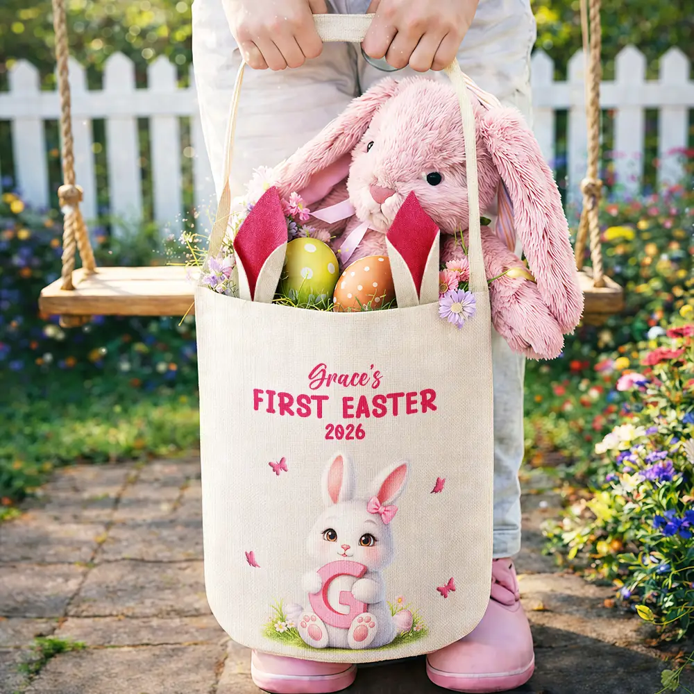 Easter Bunny Holding Alphabet Letter - Personalized Bunny Ears Bucket Bag - Image 4