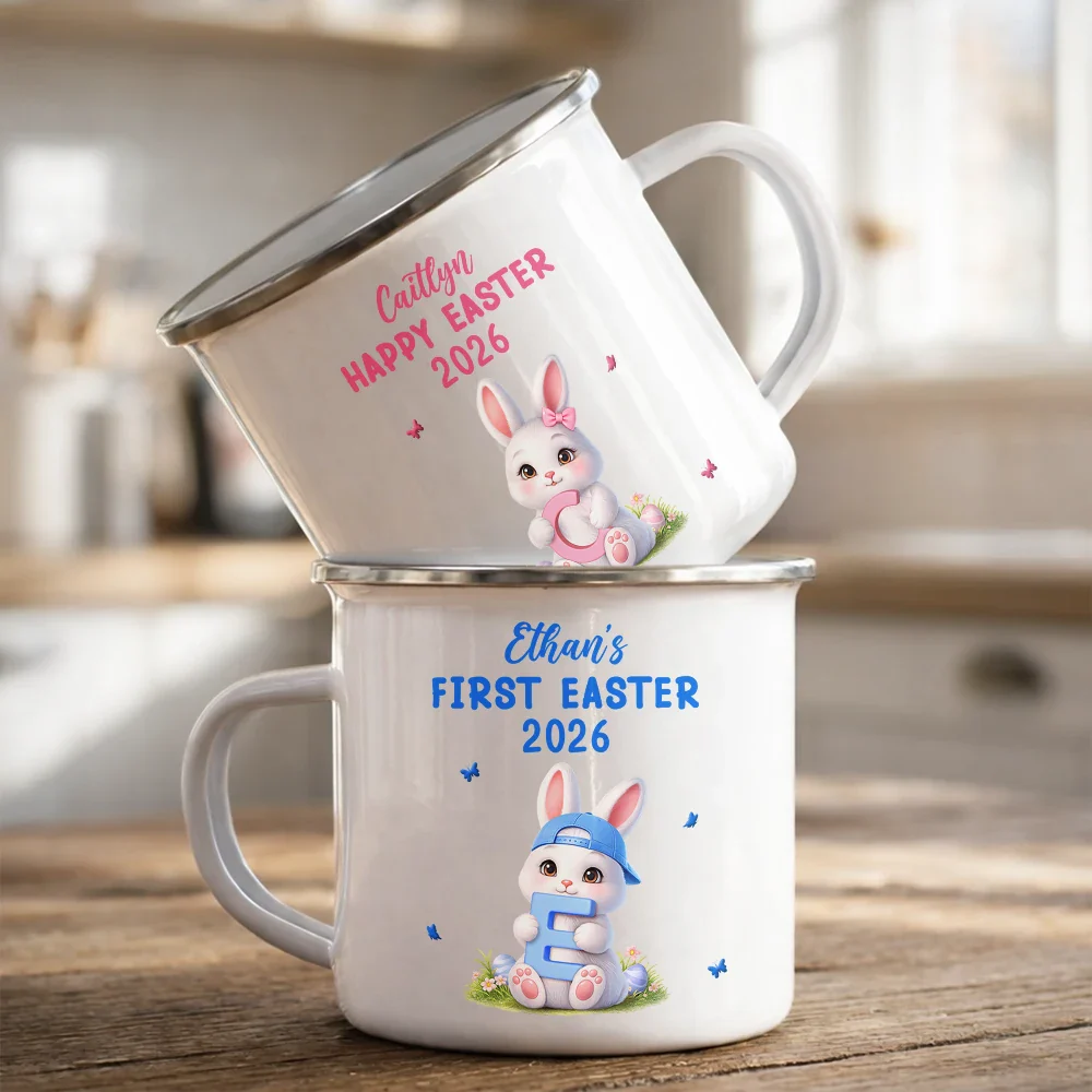 Easter Bunny Holding Alphabet Letter - Personalized Enamel Mug - Image 2