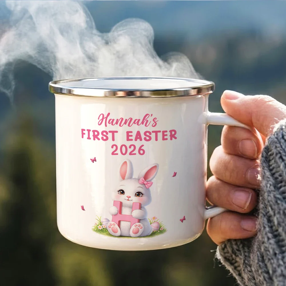Easter Bunny Holding Alphabet Letter - Personalized Enamel Mug - Image 3