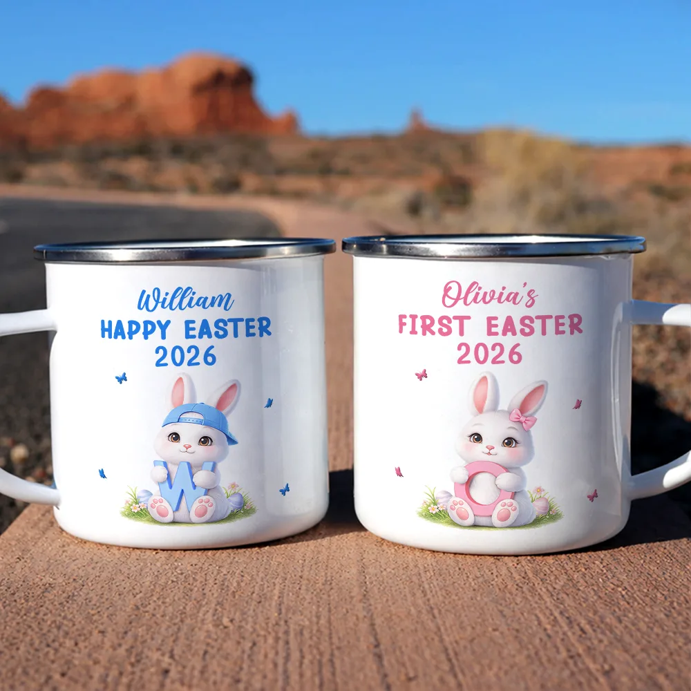 Easter Bunny Holding Alphabet Letter - Personalized Enamel Mug - Image 6