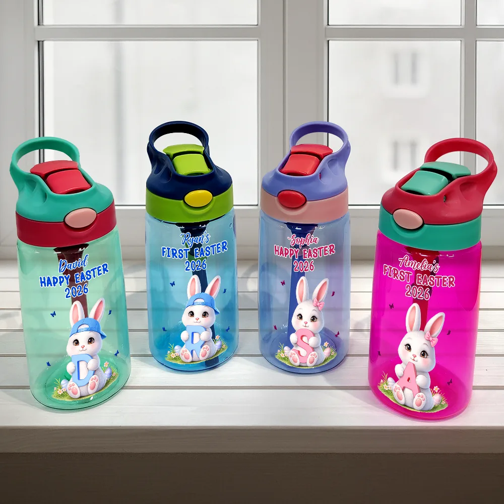 Easter Bunny Holding Alphabet Letter - Personalized Kids Water Bottle With Straw - Image 2