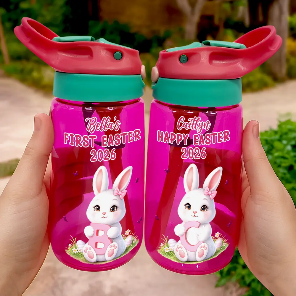 Easter Bunny Holding Alphabet Letter - Personalized Kids Water Bottle With Straw - Image 3